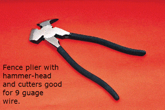10" Fence plier with hammer-head. Cutters cut 12.5 gauge, 210 KSI high tensile wire.