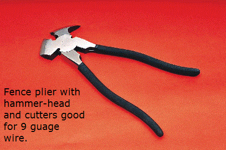 10" Fence plier with hammer-head. Cutters cut 12.5 gauge, 210 KSI high tensile wire.